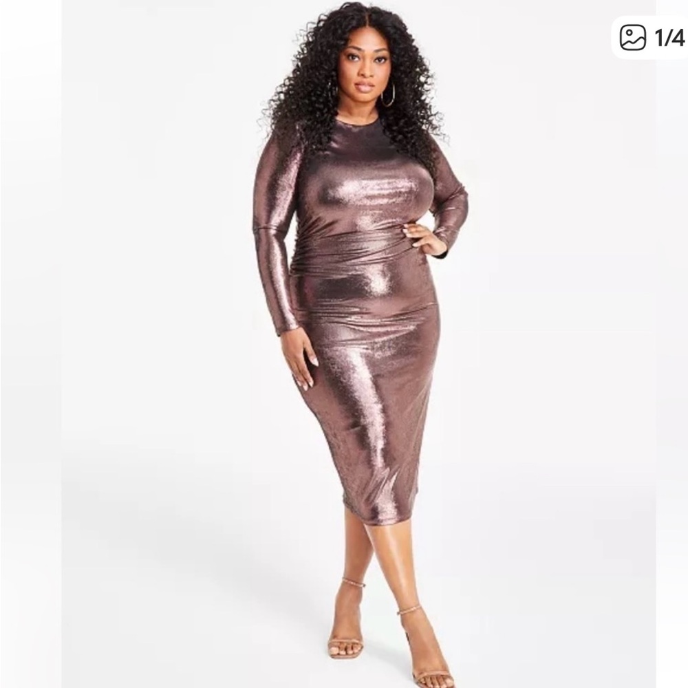 Shimmering Long Sleeve Dress in Metallic Brown